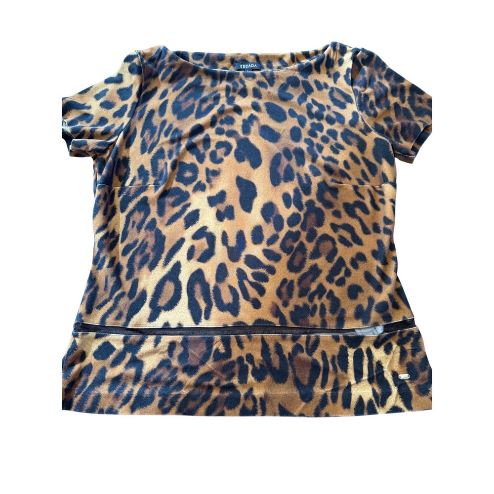 Escada Leopard Print Boat Neck Top Short Sleeve Mesh Detail Brown Black‎ L